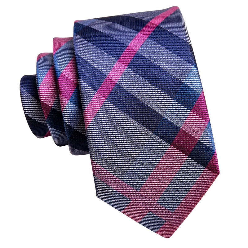 Dubulle Ties for Boys Blue Pink Self Tie Silk Plaid Kids Necktie and Pocket Square Set for Age 8-11 - Image 2